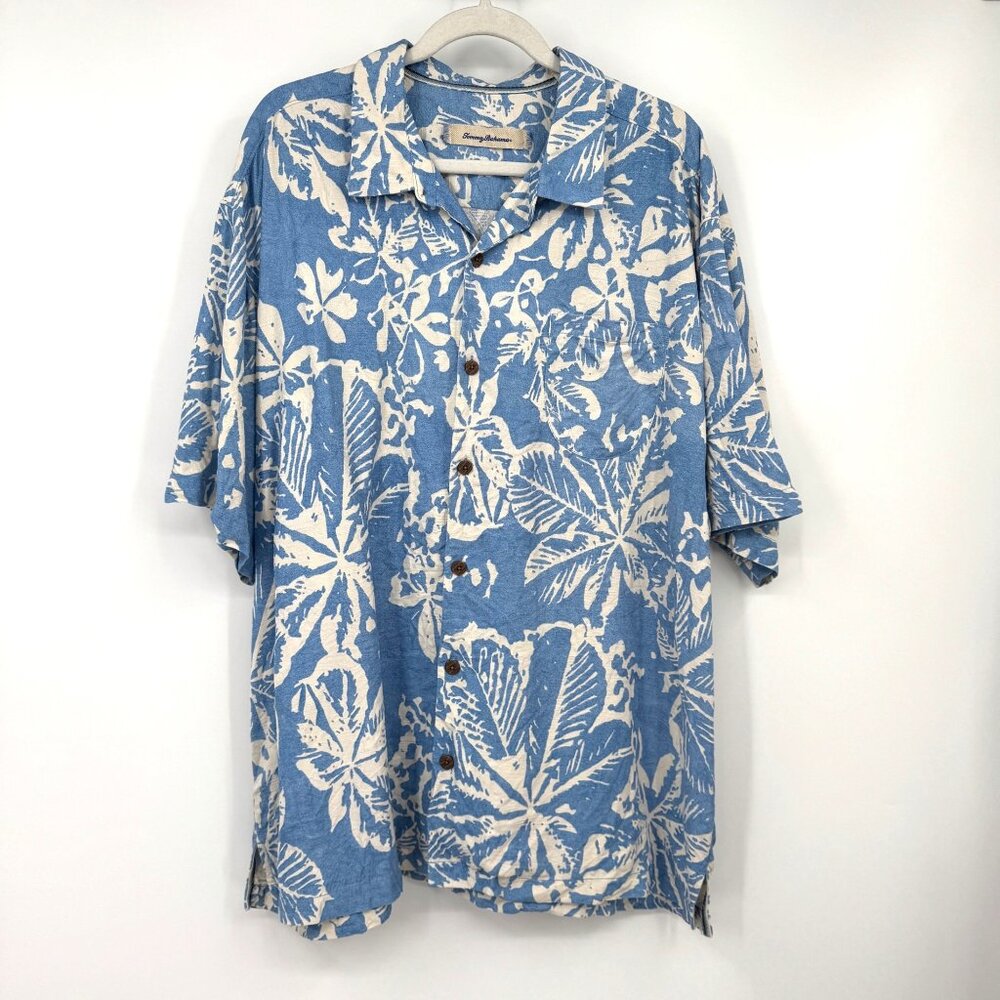 Tommy Bahama Hawaiian Floral Leaf Mens Button Front Shirt Blue White Size XL blu